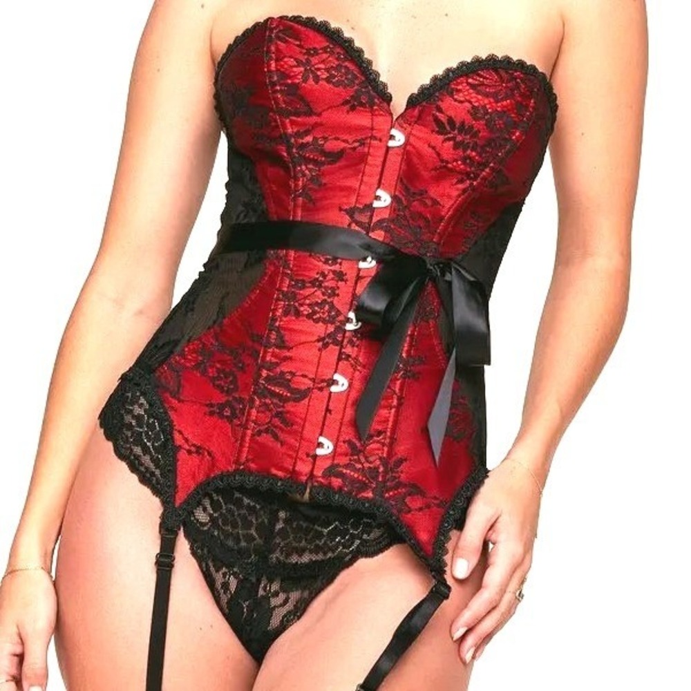 Adore Me Red Black Lace Garter Corset Sweetheart Busk Front XS LIN-CO-09771-COR View 2